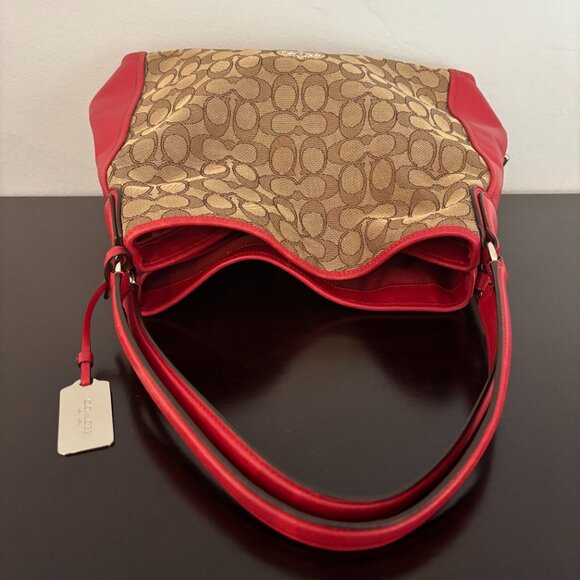 Coach Red Leather Brown Signature Jacquard Edie Shoulder Bag 31 - Picture 5 of 13